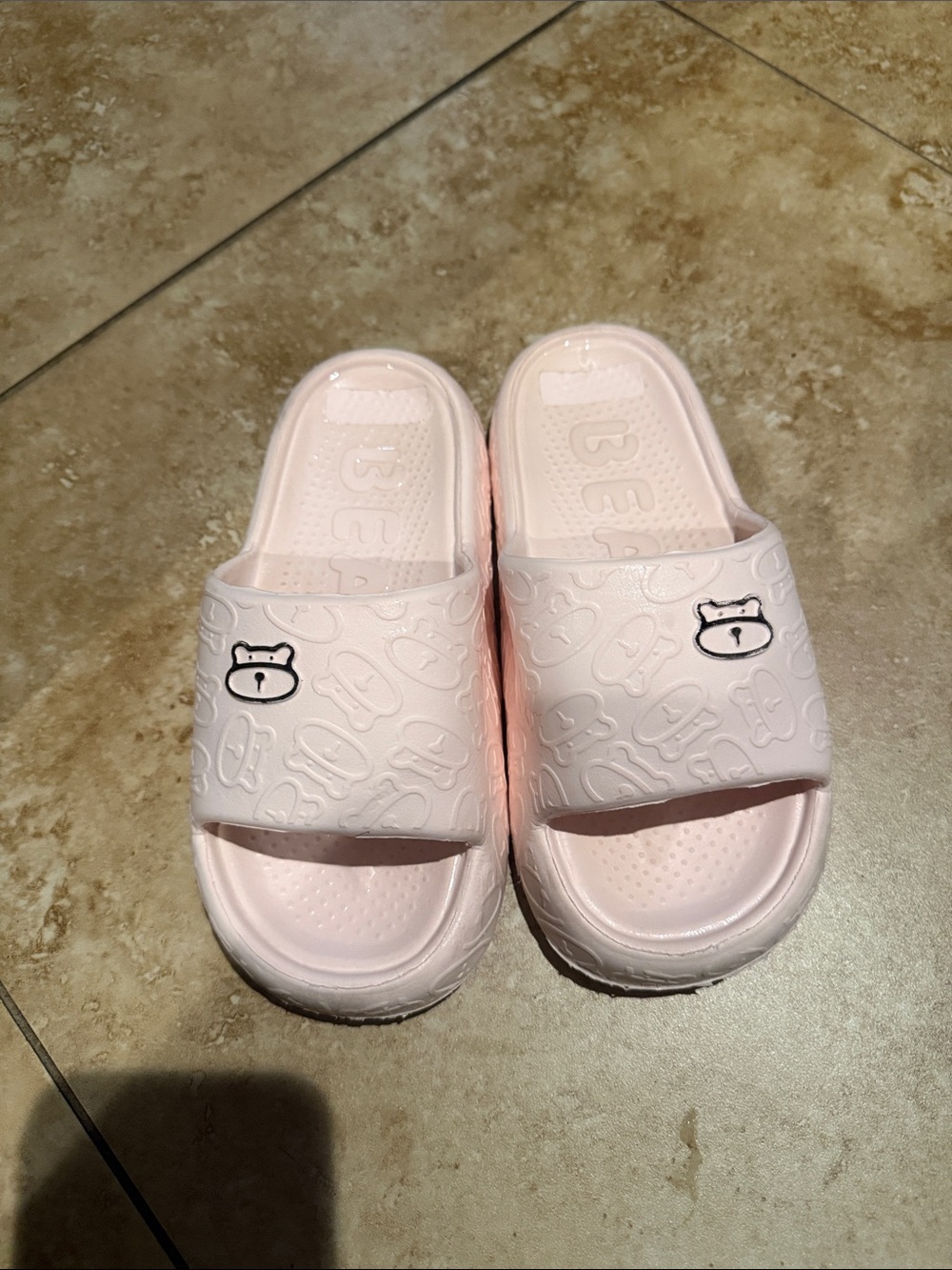 Kids' Light Pink Slide Sandals with Bear Accent